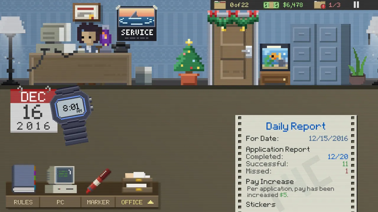 The office decorated for December, with the daily report