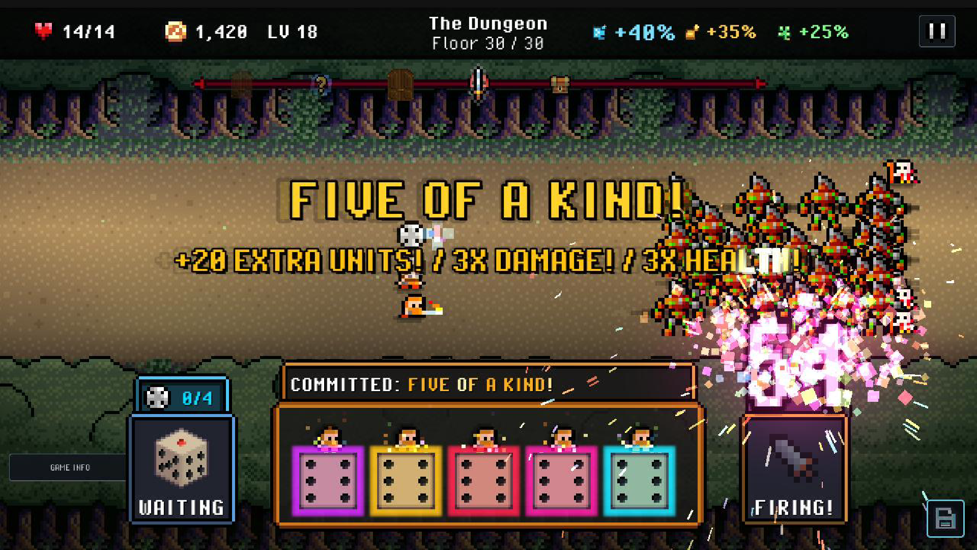A five-of-a-kind roll unleashes the player’s minion formation
