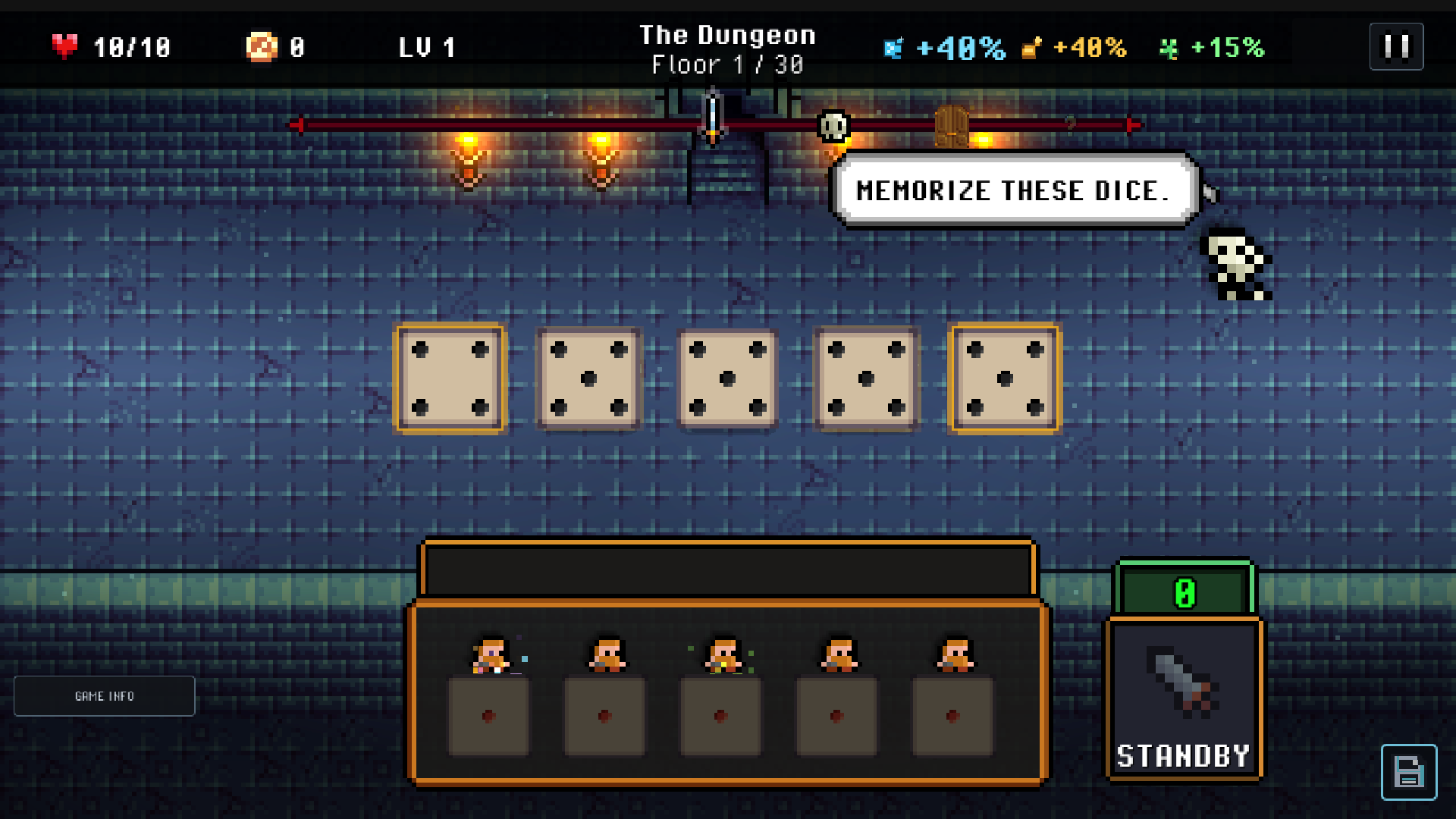 The Dice Recall host asks the player to memorize a row of dice