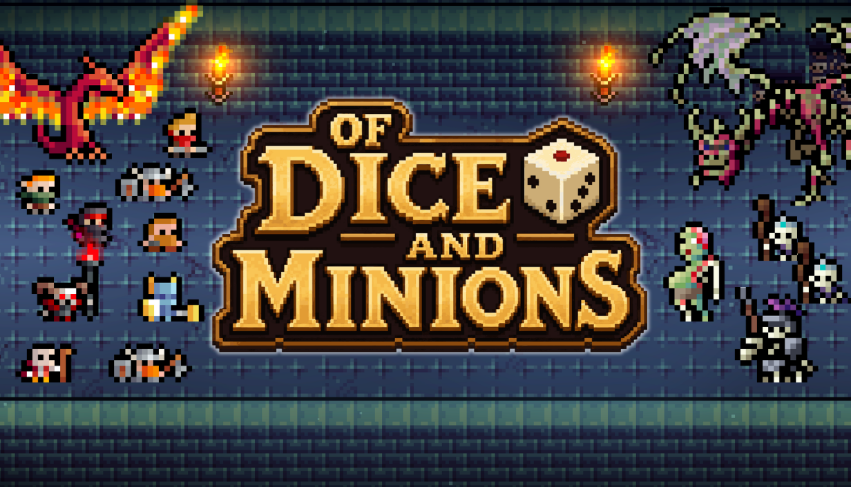 Of Dice and Minions: a golden dice logo surrounded by battling pixel-art minions